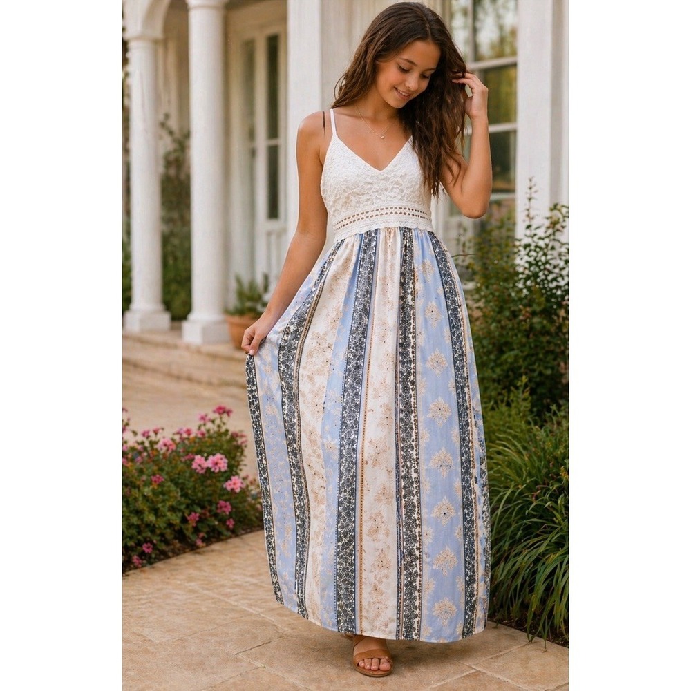 Girls XL Boho‎ Lace Maxi Dress Blue White Floral Crochet Too Sundress